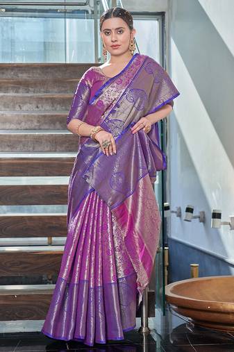 Purple  Faux kanchipuram silk jaal traditional rich zari woven saree