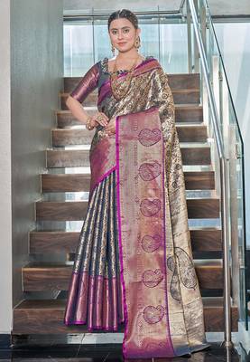 Navy blue  Faux kanchipuram silk jaal traditional rich zari woven saree 1