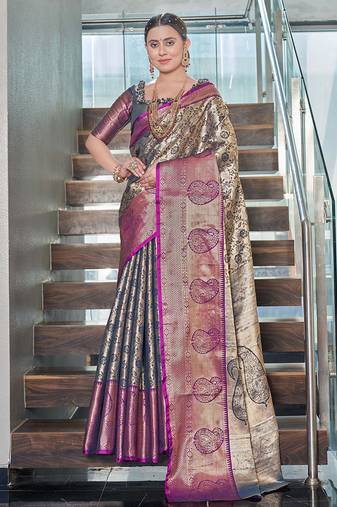 Navy blue  Faux kanchipuram silk jaal traditional rich zari woven saree