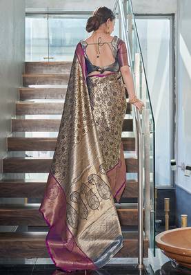 Navy blue  Faux kanchipuram silk jaal traditional rich zari woven saree 2