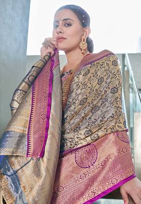 Navy blue  Faux kanchipuram silk jaal traditional rich zari woven saree 3