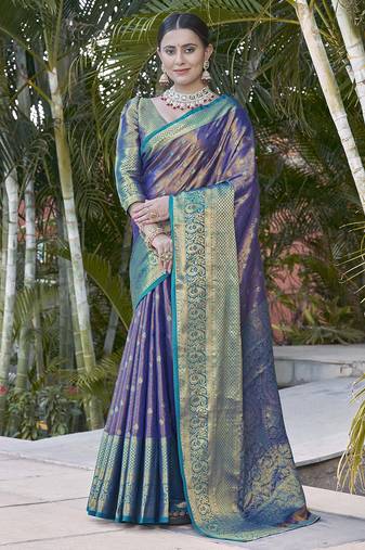 Navy blue  Faux kanchipuram tissue silk traditional zari woven saree