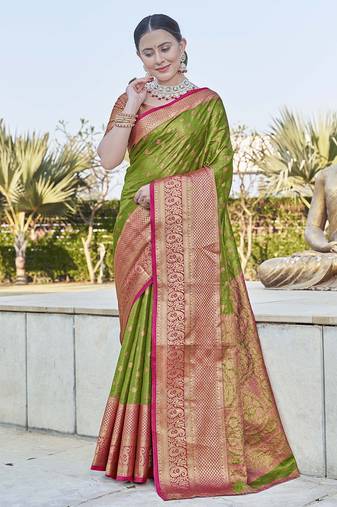 Green  Faux kanchipuram tissue silk traditional zari woven saree