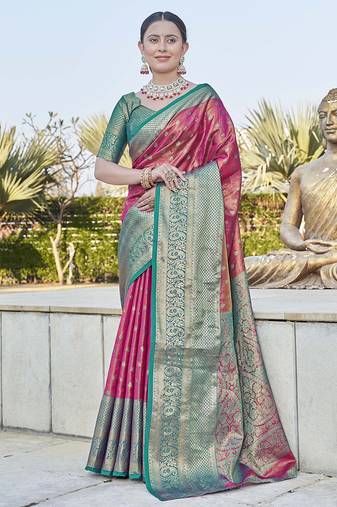 Pink  Faux kanchipuram tissue silk traditional zari woven saree
