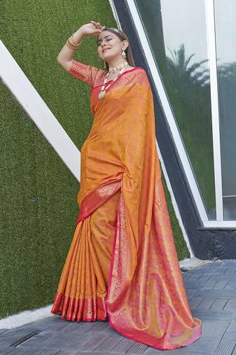 Mustard Orange Soft Kashmiri Silk Zari Woven Saree
