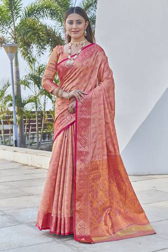Peach Soft Kashmiri Silk Zari Woven Saree