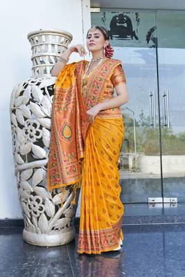 Yellow Original Maharashtrian Meenakari Paithani Silk Zari Woven Saree 1