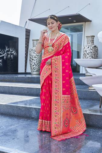 Pink Original Maharashtrian Meenakari Paithani Silk Zari Woven Saree