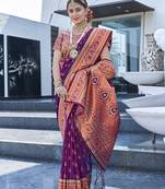 Purple Original Maharashtrian Meenakari Paithani Silk Zari Woven Saree