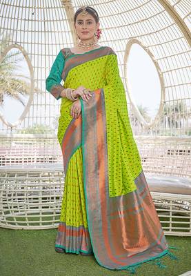 Bright Green Contrast 1000 Butti Zari Woven Paithani Silk Blend Saree 1