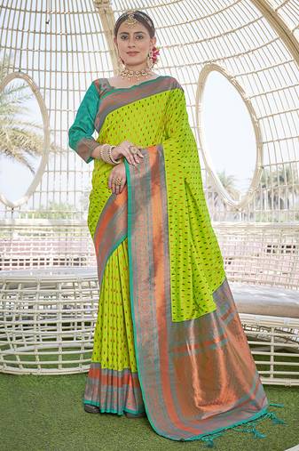 Bright Green Contrast 1000 Butti Zari Woven Paithani Silk Blend Saree