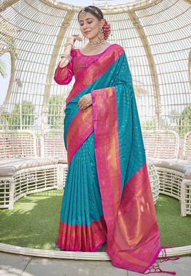 Blue Contrast 1000 Butti Zari Woven Paithani Silk Blend Saree 1
