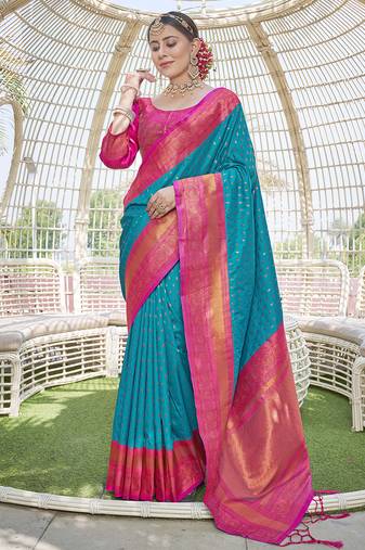 Blue Contrast 1000 Butti Zari Woven Paithani Silk Blend Saree
