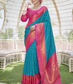 Blue Contrast 1000 Butti Zari Woven Paithani Silk Blend Saree