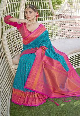 Blue Contrast 1000 Butti Zari Woven Paithani Silk Blend Saree 2