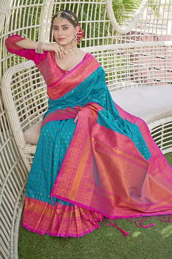 Blue Contrast 1000 Butti Zari Woven Paithani Silk Blend Saree