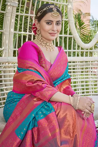 Blue Contrast 1000 Butti Zari Woven Paithani Silk Blend Saree