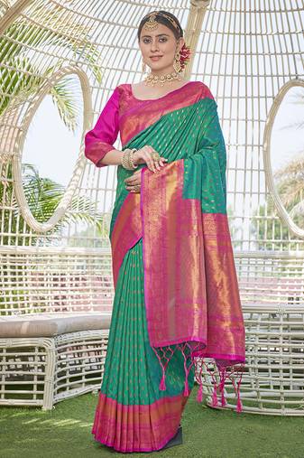 Green Contrast 1000 Butti Zari Woven Paithani Silk Blend Saree