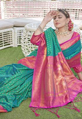 Green Contrast 1000 Butti Zari Woven Paithani Silk Blend Saree 2