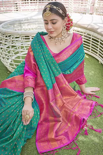 Green Contrast 1000 Butti Zari Woven Paithani Silk Blend Saree
