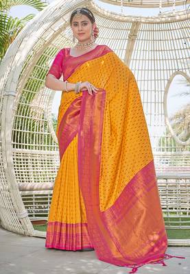 Yellow Contrast 1000 Butti Zari Woven Paithani Silk Blend Saree 1