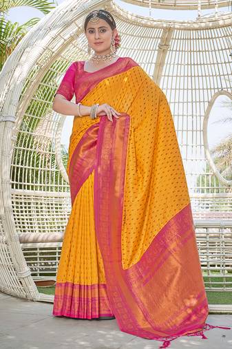 Yellow Contrast 1000 Butti Zari Woven Paithani Silk Blend Saree
