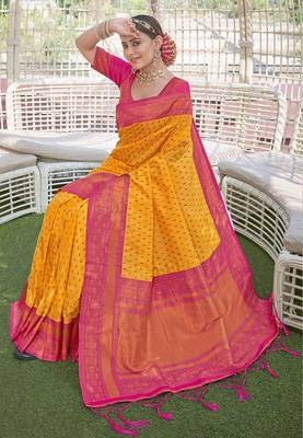 Yellow Contrast 1000 Butti Zari Woven Paithani Silk Blend Saree 2