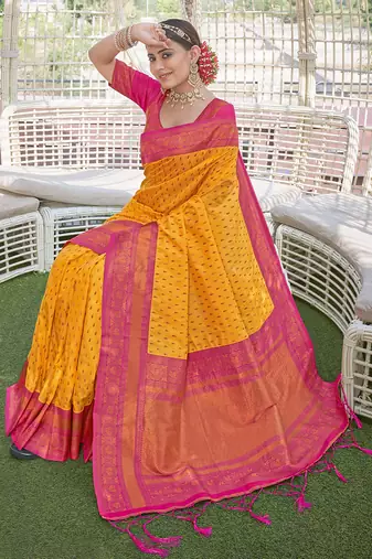 Yellow Contrast 1000 Butti Zari Woven Paithani Silk Blend Saree