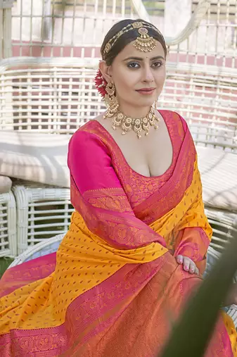 Yellow Contrast 1000 Butti Zari Woven Paithani Silk Blend Saree