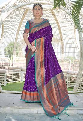 Purple Contrast 1000 Butti Zari Woven Paithani Silk Blend Saree 1