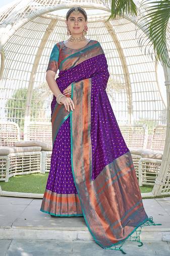 Purple Contrast 1000 Butti Zari Woven Paithani Silk Blend Saree