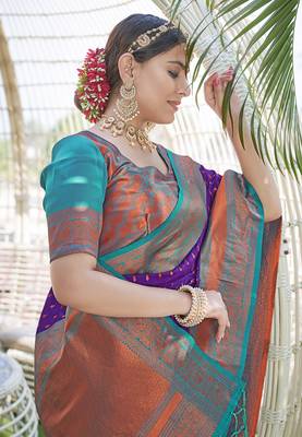 Purple Contrast 1000 Butti Zari Woven Paithani Silk Blend Saree 3