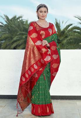 Green Red Soft Silk Contrast Zari Woven Saree 1