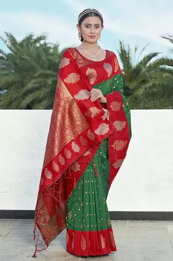 Green Red Soft Silk Contrast Zari Woven Saree