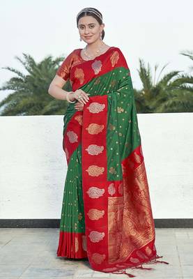 Green Red Soft Silk Contrast Zari Woven Saree 2