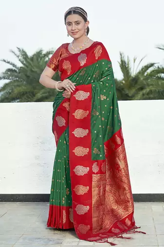 Green Red Soft Silk Contrast Zari Woven Saree
