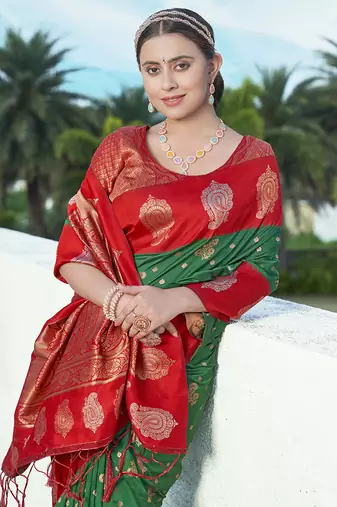 Green Red Soft Silk Contrast Zari Woven Saree