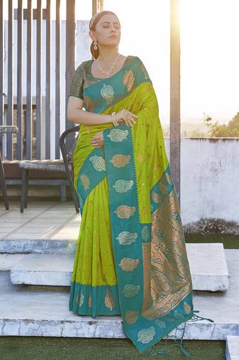 Parrot Green Soft Silk Contrast Zari Woven Saree
