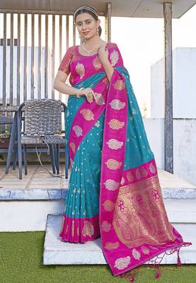 Blue Soft Silk Contrast Zari Woven Saree 1