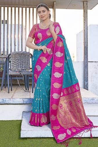 Blue Soft Silk Contrast Zari Woven Saree