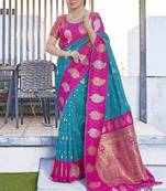 Blue Soft Silk Contrast Zari Woven Saree