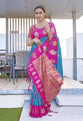 Blue Soft Silk Contrast Zari Woven Saree 2