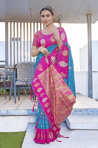 Blue Soft Silk Contrast Zari Woven Saree
