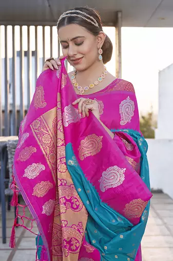 Blue Soft Silk Contrast Zari Woven Saree