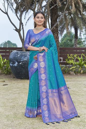 Blue Soft Silk Floral Border Dual Zari Woven Saree