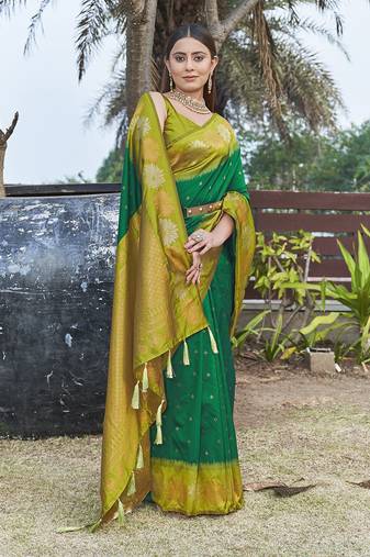 Dark Green Soft Silk Floral Border Dual Zari Woven Saree