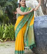 Yellow Soft Silk Floral Border Dual Zari Woven Saree