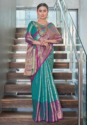 Rama blue  Faux kanchipuram silk jaal traditional rich zari woven saree 1