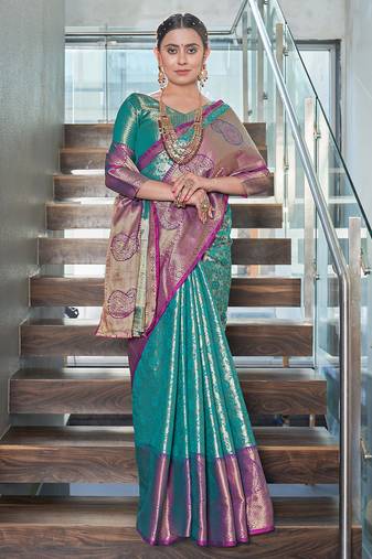 Rama blue  Faux kanchipuram silk jaal traditional rich zari woven saree