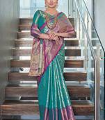 Rama blue  Faux kanchipuram silk jaal traditional rich zari woven saree